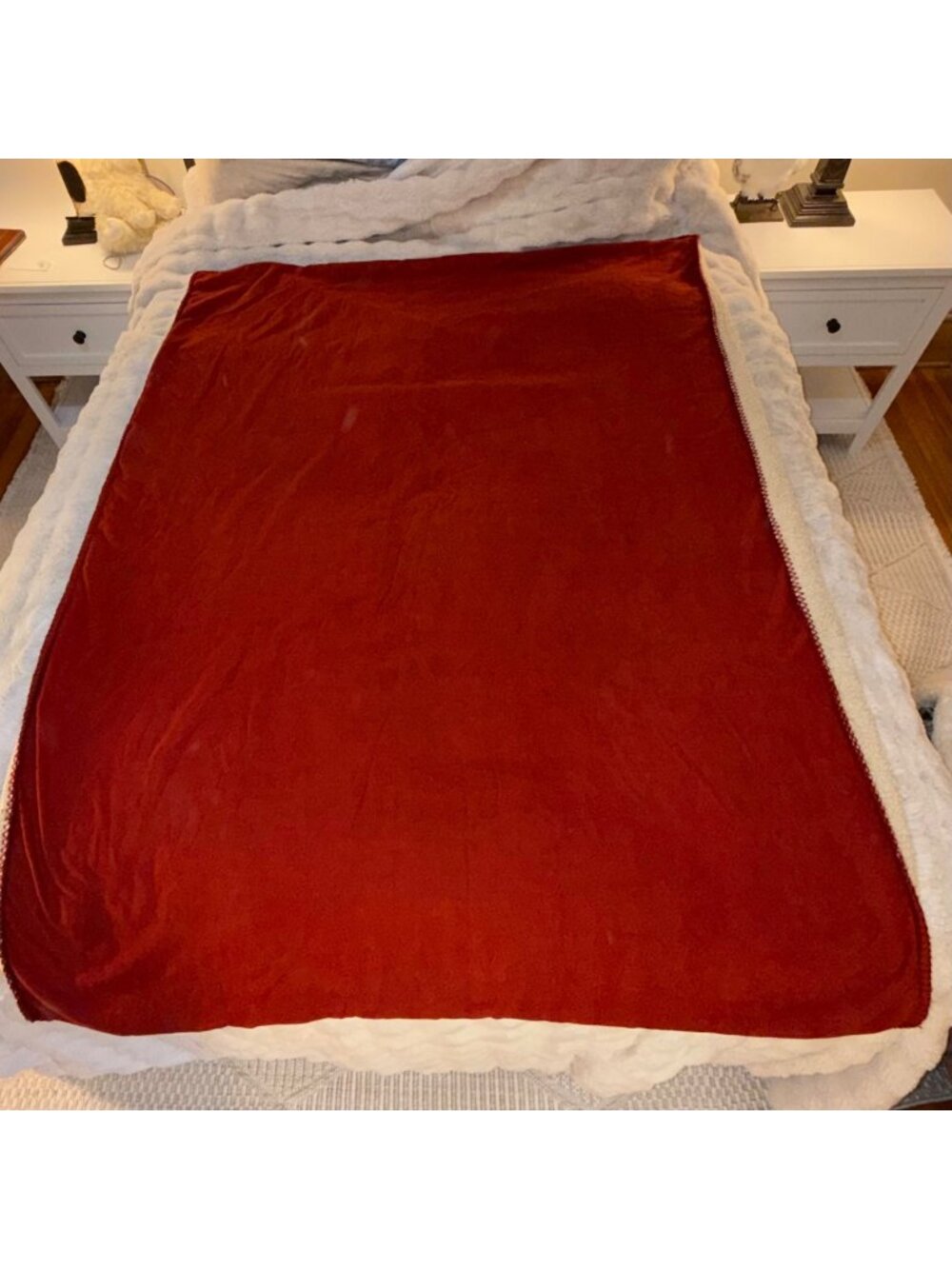 Vintage Reversible Red & Cream Sherpa Throw Blanket 48"x69" With Decorative Stit